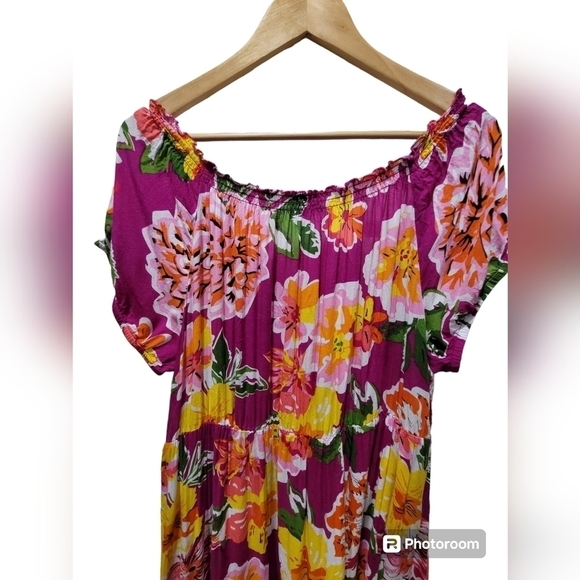 XL Multicolor Floral Off the Shoulder Maxi Dress Elastic Waist - Picture 6 of 8